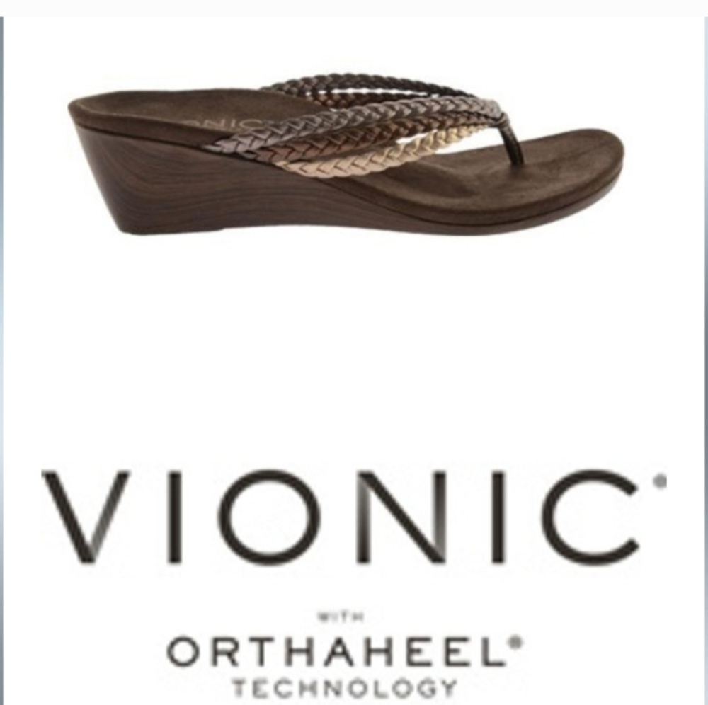 Vionic Sandals Thongs SZ 9.5-10 Leather Braided Strap In Gold Silver Bronze
